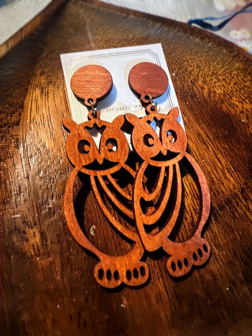 Handcrafted Wooden Owl Dangle Earrings - Brown